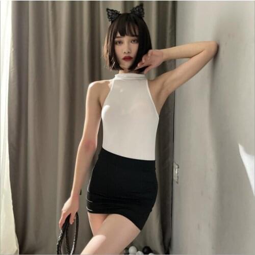 Women Sexy Cosplay Costume Erotic Office Uniform Suit Hot Perspective Role Play Outfit White Bodysuit And Black Skirt Entice Set