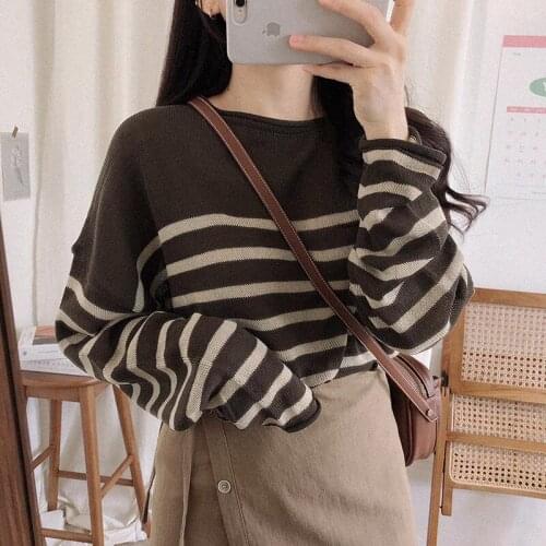 2020 Autumn Winter Striped Sweater Women Knitted O-Neck Pullovers Casual Clothes Soft Chic Korean Basic Tops Fashion Jumpers