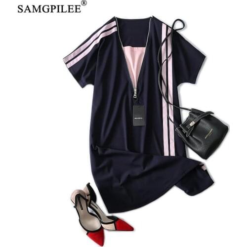 Summer 2021 New Fashion Patchwork Zipper Design Raglan Short Sleeves Covering Belly Knee Length Korean Style Women Dresses 4XL