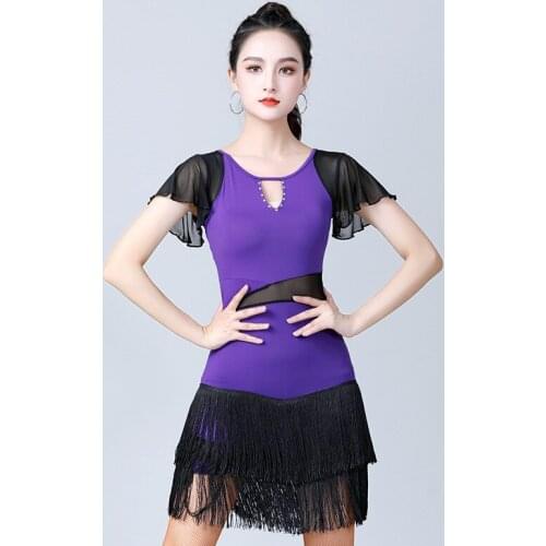 2021 New Mesh Latin Dance Dress Short-sleeve Women Fashion Tassel Dress For Women Female Ballroom Tango Cha Cha Rumba Costumes