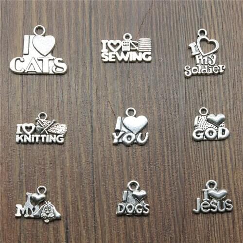 20pcs Charms I Love You Antique Silver Color I Love Cats Pendant Charms I Love Dogs Charms For Jewelry Making