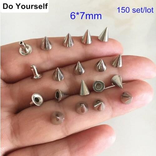Free Shipping - 150 sets Cone Metal Rivet Stud Spikes With Base,6*7mm Silver,Leathercraft,Decoration Findings,DIY Rivets