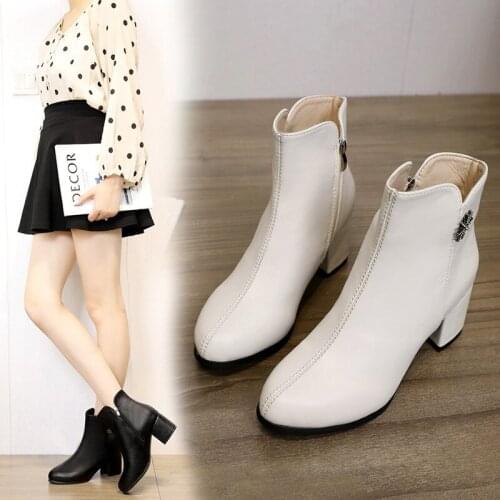 Round Toe Women Ankle Boots Boots Woman Black/White/Beige Short Boots Thick High Heels Side Zipper Winter Boots Woman 39