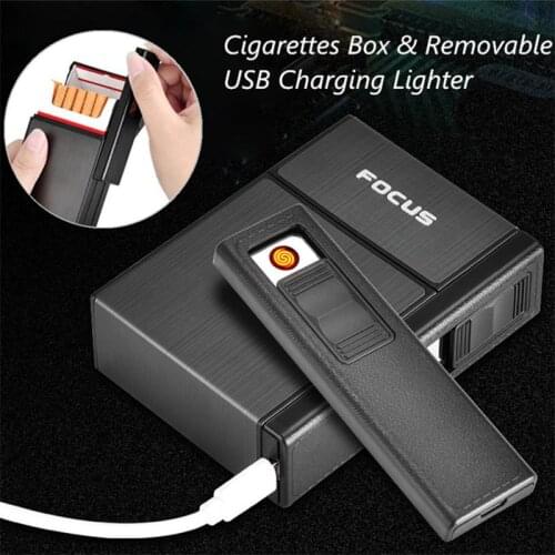 Portable Plastic & Aluminum Cigarettes Box Case with Lighter Business Men Removable USB Charging Lighter Can Hold 20 Cigarettes