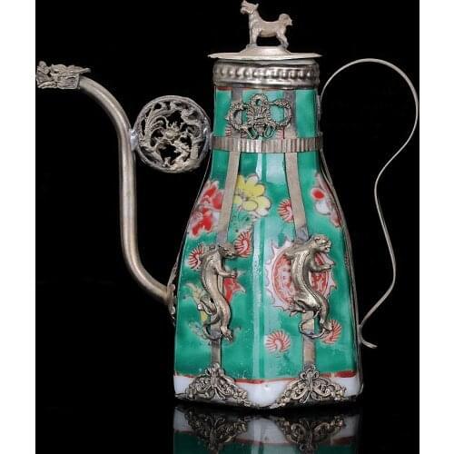 Collection Colour Porcelain Armor Dragon Tibet Silver Handwork Poeny Teapot Home Decoration