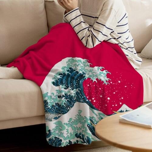 Kanagawa Red Illustration Printed Flannel Blanket Soft Throw Blanket Machine Washable Blankets for Beds