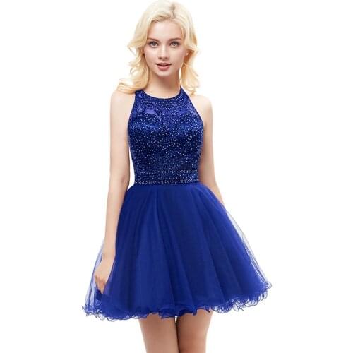 Lace Appliques Tulle Short Girls Dress Halter Criss Cross Back Beadings Homecoming Dresses For Womens 2021