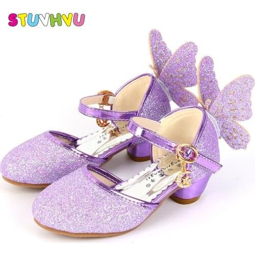 Summer Girls Shoes High Heels Sequin Leather Butterfly Children Princess Shoes Wedding Party Girls Dance Shoes for Kids Sandals