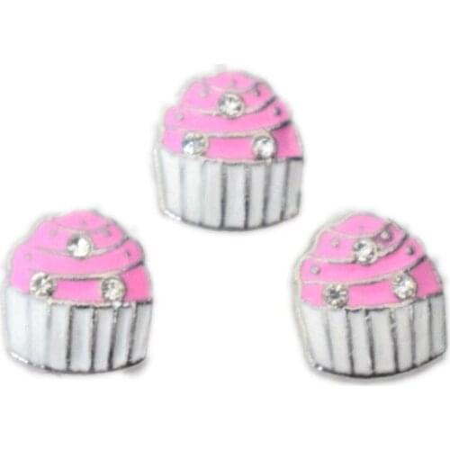 Cute Enamel Rhinestone Pink Cake Floating Charms Alloy Fit Glass Locket DIY Handmade Memory Living Locket Jewelry Accessories