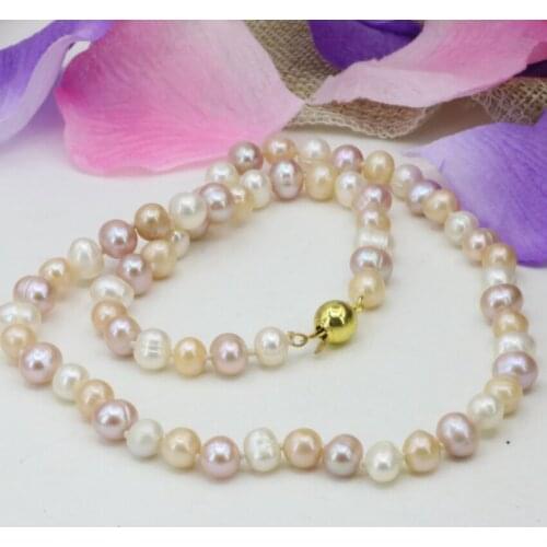 Multicolor pearl necklace 7-8mm natural freshwater cultured nearround beads chain jewelry women statement choker 18inch B3227