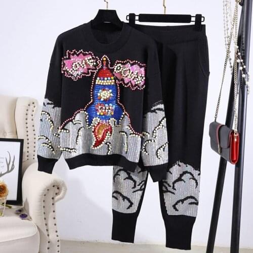 Fashion Beaded Sequin Black Knitted Tracksuit Set Women Long sleeve Sweater Pencil Pants Two Piece Outfits Loose Knit 2pc Female