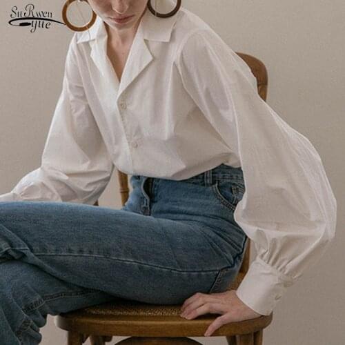 New Single-breasted Cotton Tops Blouse Vintage Lantern Sleeve Womens Shirts Plus Size Blouses Casual Ladies White Clothes 13476