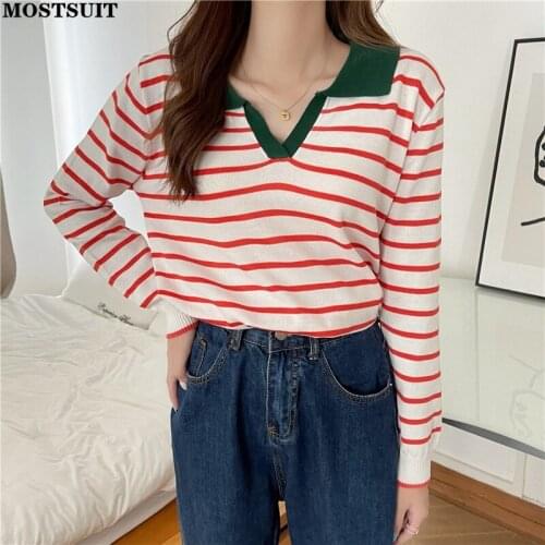 Autumn Striped Knitted Pullover Sweater Women Full Sleeve Turn-down Collar Casual Loose Tshirt Tops Basic Korean Female Knitwear