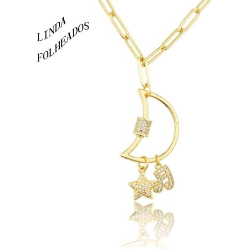 LINDA FOLHEADOS New Design Women Moon Jewelry Golden Cubic Zirconia Copper Pendant Charm Necklace Gift Classic Link Chain Party