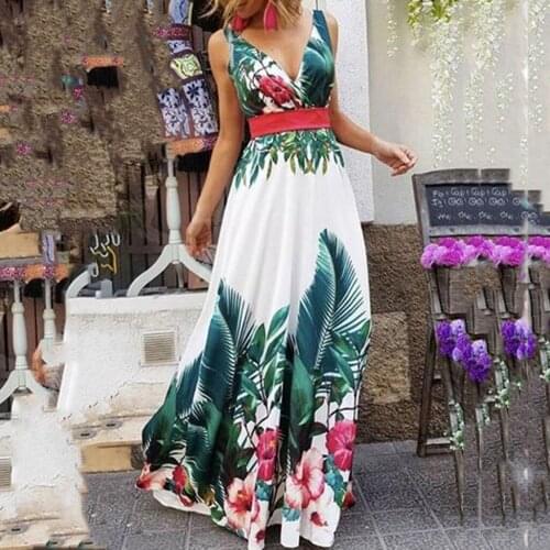 Bohemian Print Sexy Spaghetti Strap Dress Women Fashion Floral High Waist Party Gown Dress Elegant Female A Line Maxi Dress Robe