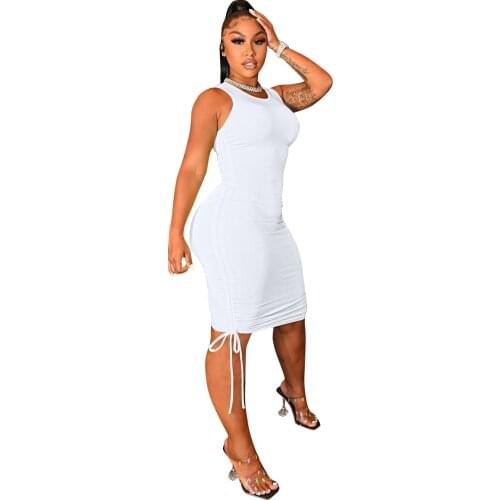 Zoctuo Solid Sexy Dresses For Women Party Club Fashion Summer O Neck Midi Dress Pleated Side Bandage Bodycon Dress Sleeveless