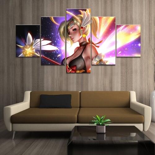 Home Decor Poster Art Pictures Prints Canvas 5 Piece Modular Mercy Spirit Overwatch Game Living Room Decorative Painting Framed
