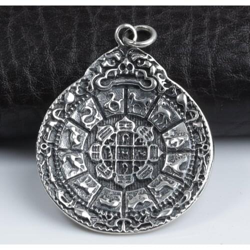 Handmade 925 Silver Tibetan Nine Direction Eight Symbols Amulet Tibetan Direction-Symbols Pendant Sterling Buddhist OM Pendant