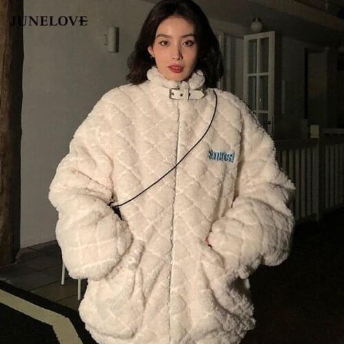 JuneLove Women Fur Coat Outwears Lambswool Coat Women Winter Korean Loose Pockets Solid Harajuku Faux Warm Sheep Shearing Jacket
