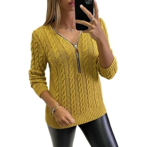 Women Fashion Autumn Winter Sweater V-Neckline Solid Loose Zipper Casual Furry Pullover Long Sleeve Sweaters Yellow Purple