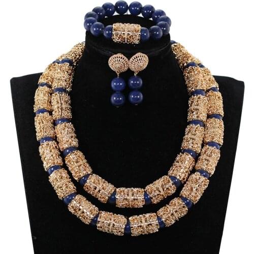 Splendid Navy Blue Nigerian Beaded Women Costume Jewelry Sets Dubai Gold Chunky Statement Necklace Set 2019 WE240
