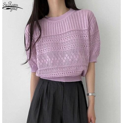 Summer Autumn 2021 New Korean Chic Womens Loose Short Sleeve Shirts Tops Crochet Hollow O-Neck Knitted Blouse White Blusas 15580