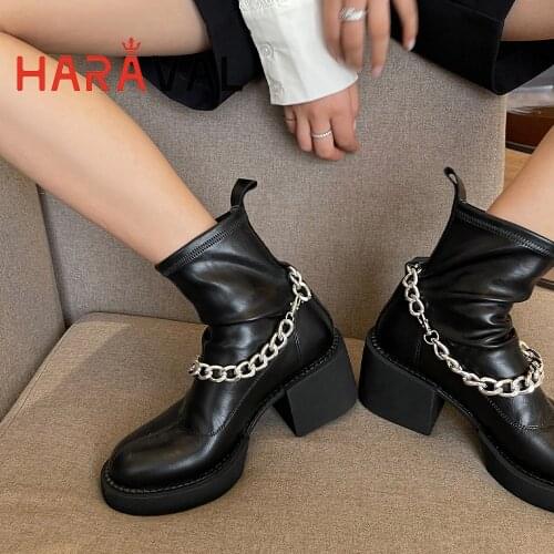 HARAVAL Martin Boots Thick Heels Women Elegant Fashion Black Round Toe Genuine Leather Spring/Autumn Solid Metal Decorat E129L