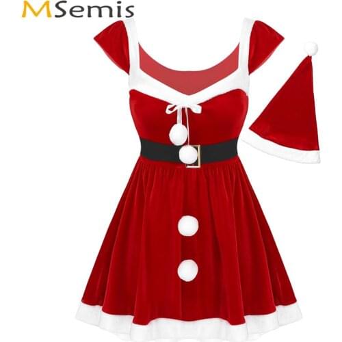 Women Red Velvet Christmas Santa Cosplay Party Dress Sexy White Flannel Trim Mini Dress with Hat Clubwear Xmas Role Play Vestido