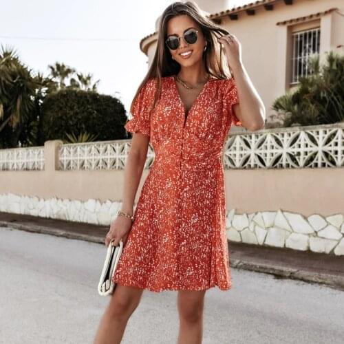 Floral Print Short Sleeve Sexy Mini Dress Summer Boho Elegant High Waist V-neck Ruffle Buttons Streetwear Ladies Dresses