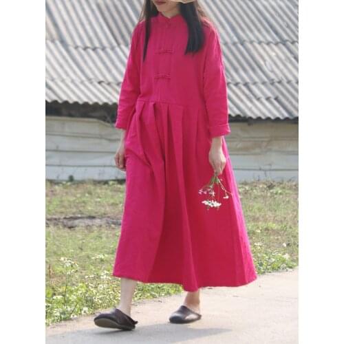 Vintage Frog Buttons Stand Collar Floral Jacquard Women Cotton Linen Dress, High Ruched Waist Mid-thick High Quality Fushia Robe
