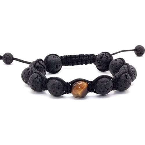 2018 New 12mm Black Volcanic Lava Beads Stone Bracelet Tiger Eye Braid Adjustable Bracelets for Women Men Jewelry