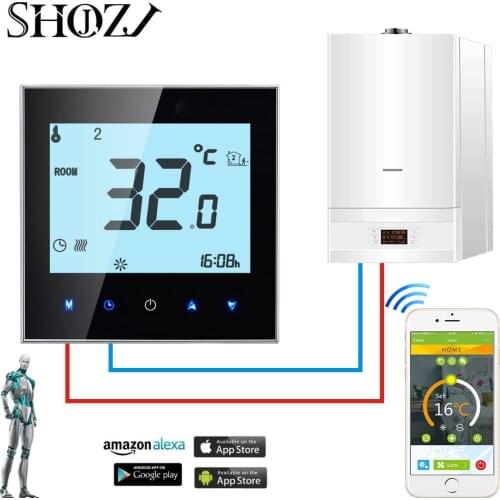 Echo Google Home iFtt Wireless APP WiFi Gas Boiler Touch Screen Room Thermostat Weekly Programmable Smart Temperature Regulator
