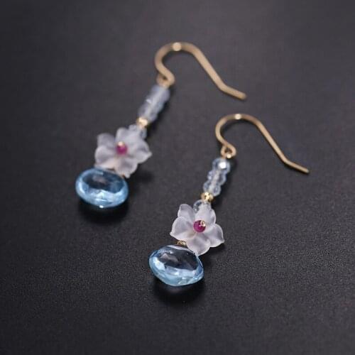 DMBS133 Sky Blue Water Drop Topaz Earrings Gemstones Female Genuine Yellow 18k Gold Color Treasure Earrings