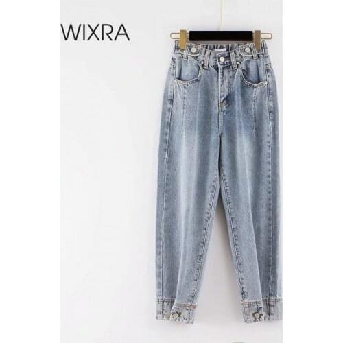 Wixra Stylish Jeans Pants Female Elastic High Waist Jeans Straight BF Casual Button Denim Pants Womens Streetwear Summer Autumn