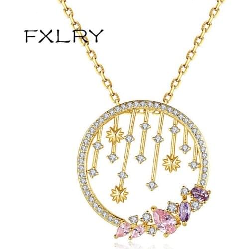 FXLRY Elegant AAA Cubic Zirconia Micro Paved Link Chain Colorful Round Strip Multi Zircon Pendant Necklace Jewelry