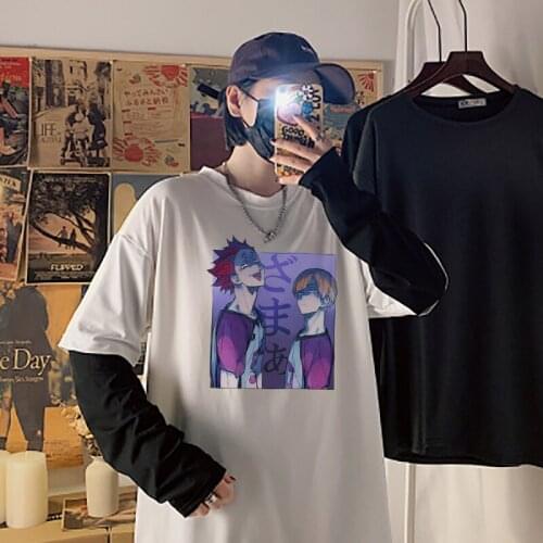 Mens Long-Sleeved False Two Pieces Harajuku Haikyuu Patchwork T-shirt Japanese Anime Tops Unisex Oversized Summer T Shirt Male