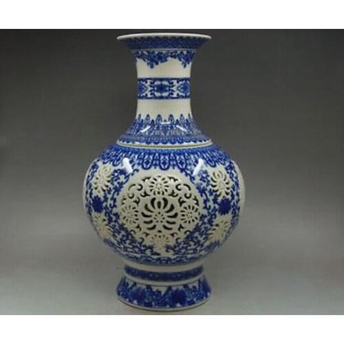 Exquisite Chinese hand-painted blue and white two double hollow-out children playing Vase
