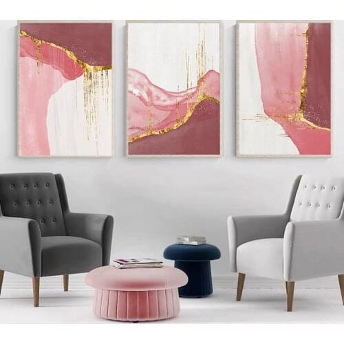 Room Decor Abstract Golden Pink White Canvas Painting Nordic Modern Gold Wall Art Prints Poster Pictures for Living Room Decor