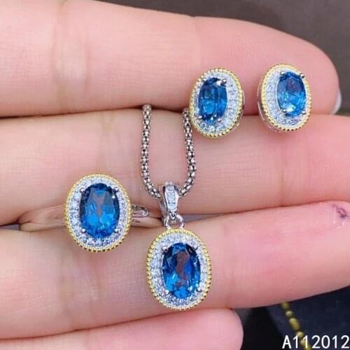 KJJEAXCMY fine jewelry natural blue topaz 925 sterling silver luxury girl new pendant earrings ring set support test with box