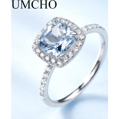 UMCHO Romantic Created Sky Blue Topaz 925 Sterling Silver Rings Wedding Bands Charm Rings For Women Engagement Gift Fine Jewelry