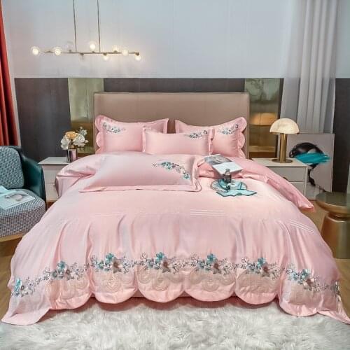 Luxury 3Pcs Elegant Rose Flower Embroidery Satin Silk Cotton Smooth Double Duvet Cover Set Girls Princess Bedclothes Bedding Set