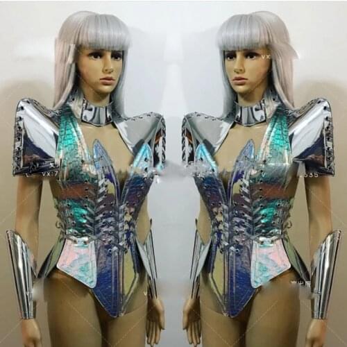 Future technology Men women space silver metal mirror silver leather costumes nightclub bar gogo female stage costume