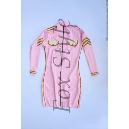 Latex uniform dress in pink and gold white trim (including waist belt)