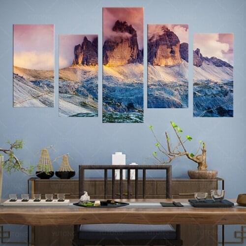 Modular Canvas Wall Art Pictures 5 Pieces Glow Fog Austria Dolomites Mountain At Sunset Painting Home Decor Printed Poster Frame