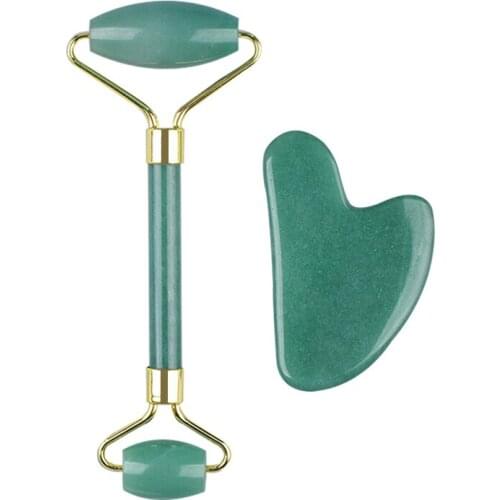 Natural Raw Material Roller Guasha Massage Set Rose Quartz Green Crystal SPA Therapy Back Head Scraper Face Tighten Skin Tools