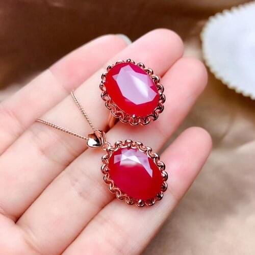 Charming red Ruby blue or sapphire gemstone ring and necklace with silver jewelry good cut real gem big size hot selling gift