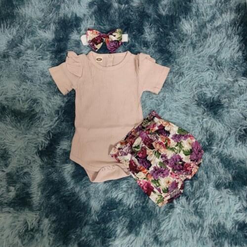 0-24M Lovely Baby Girls Newborn Kids Baby Girls Outfits Clothes 3PCS Romper Bodysuit+Floral Shorts Set+Headband Girls Clothes