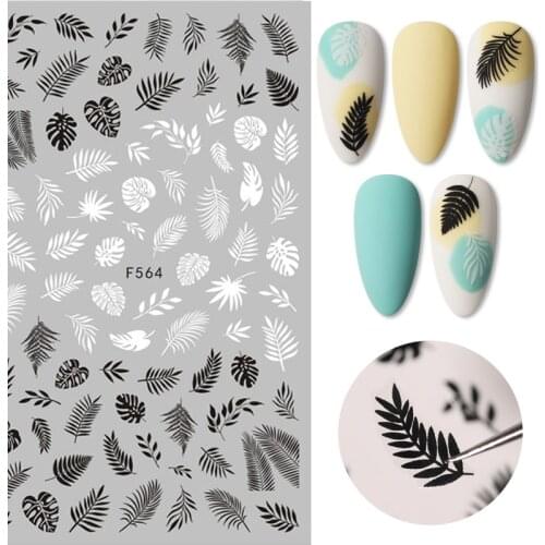 Black White 3D Nail Art Stickers Adhesive Transfer Sticker Flower Tropical Plants Image Nail Art Decals Slider DIY Decorations