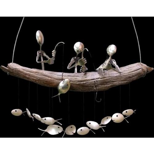 Fishing Man Wind Chime Spoon Fish Sculptures Windchime Indoor Outdoor Home Garden Decoration Hanging Ornament Gifts Dropshipping