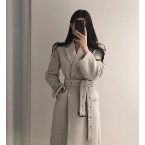 High Qulity Woman Coats Winter Wool Long With Belt Office Lady Fashion Lace Up Outerwear